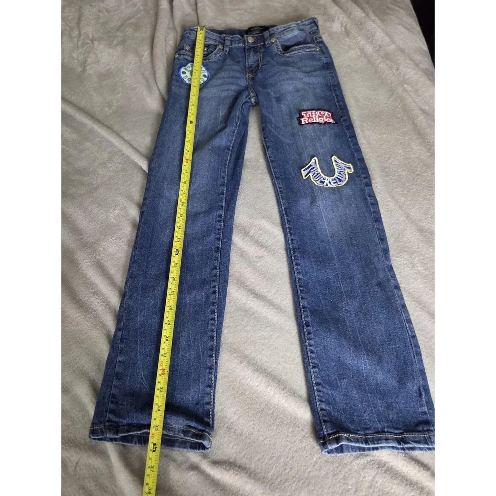 True Religion Jeans Youth 14 Blue Ricky Relaxed Straight Stretch Denim Patches